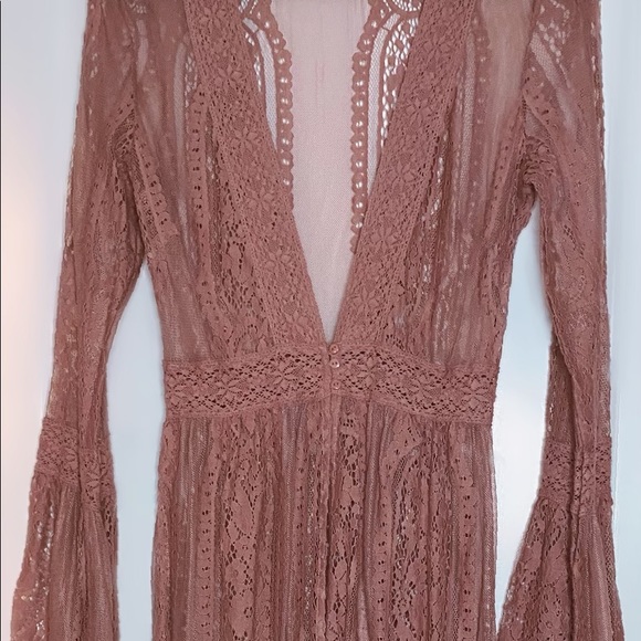 Blush Pink Lace Duster | Floor-Length Boho Kimono | Romantic Festival Chic - Picture 2 of 12